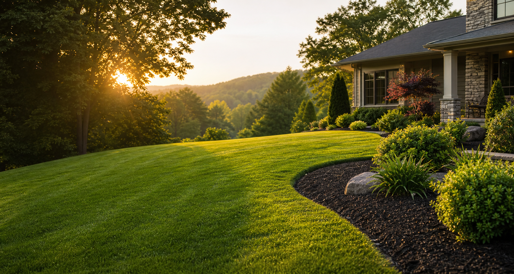 Freshly maintained lawn with clean edging and mulch beds