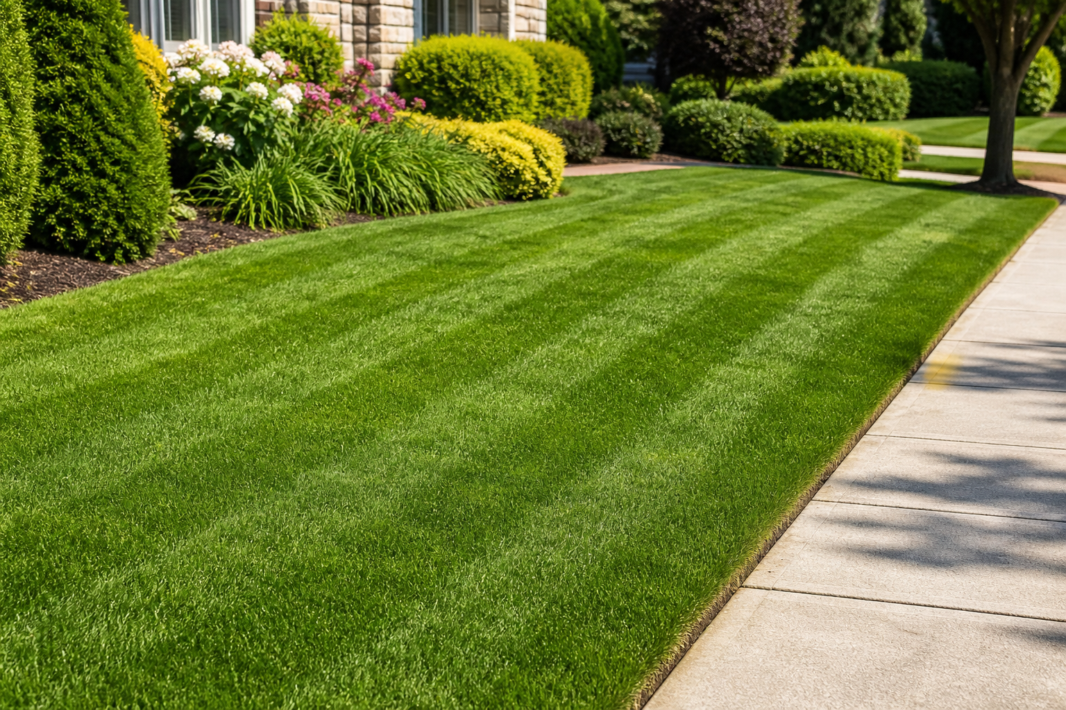 Freshly mowed lawn with clean edging along a sidewalk