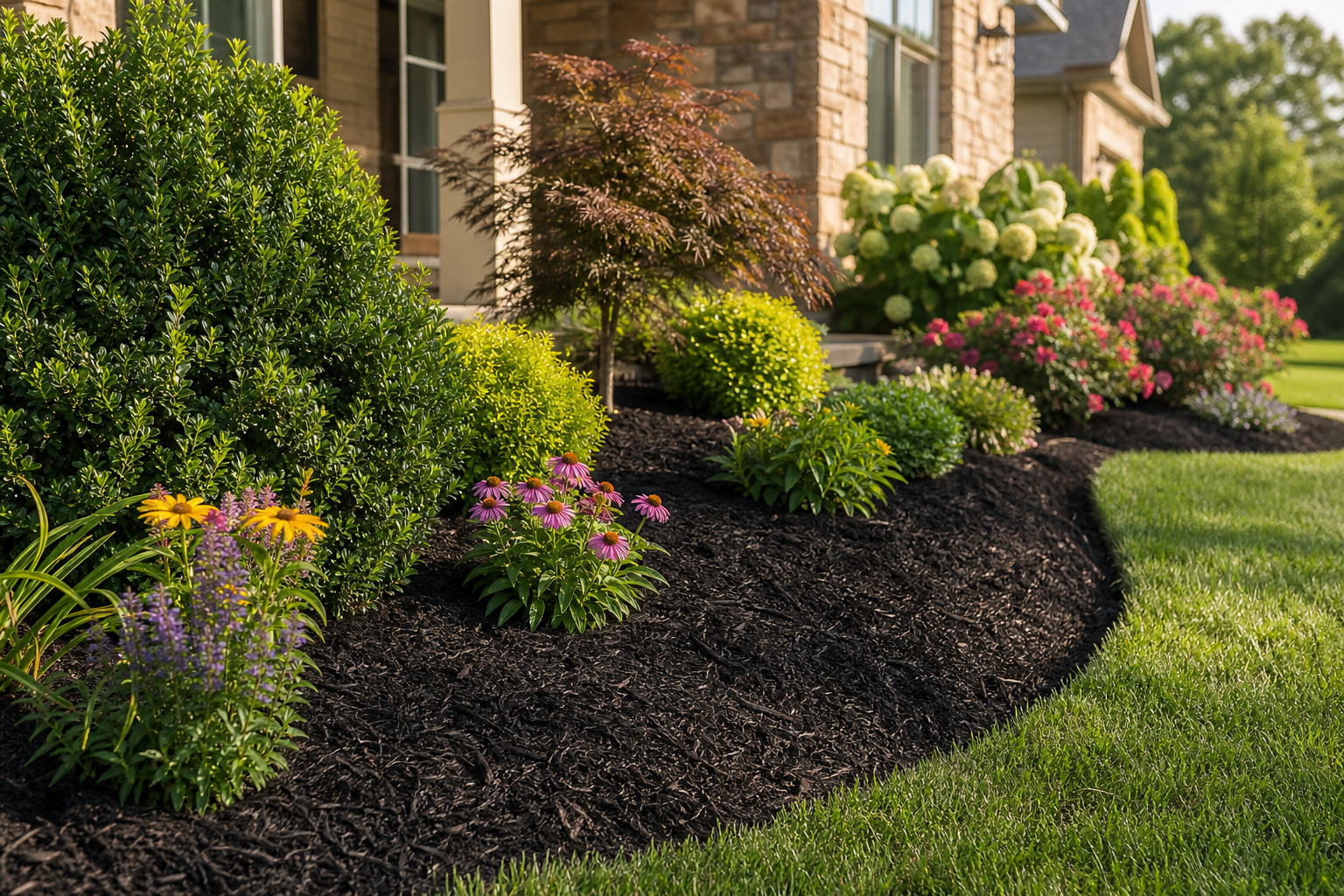 Fresh mulch bed with trimmed shrubs and flowers